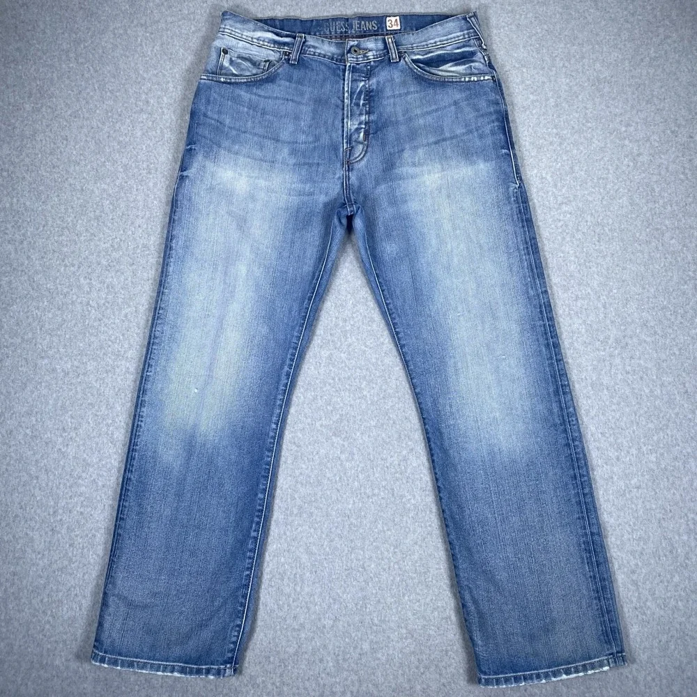 Guess Jeans Dean Relaxed Fit Mens 34 Blue Straight Leg Denim Button Fly Pants